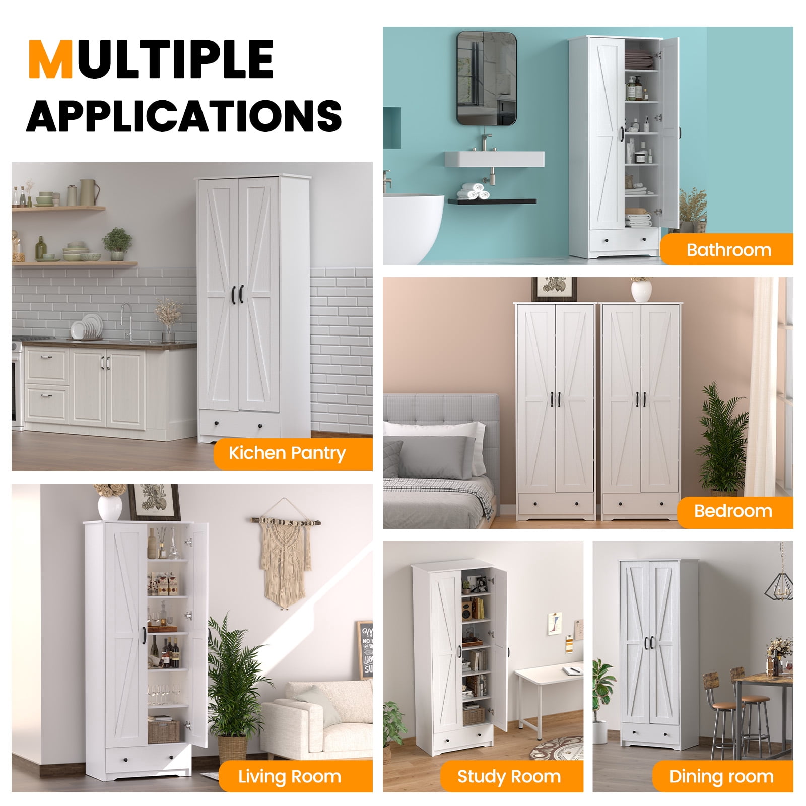 UPGO 70'' Tall Large Wood Storage Pantry Cabinet with 6 Adjustable Shelves, 2 Barn Doors and Drawer