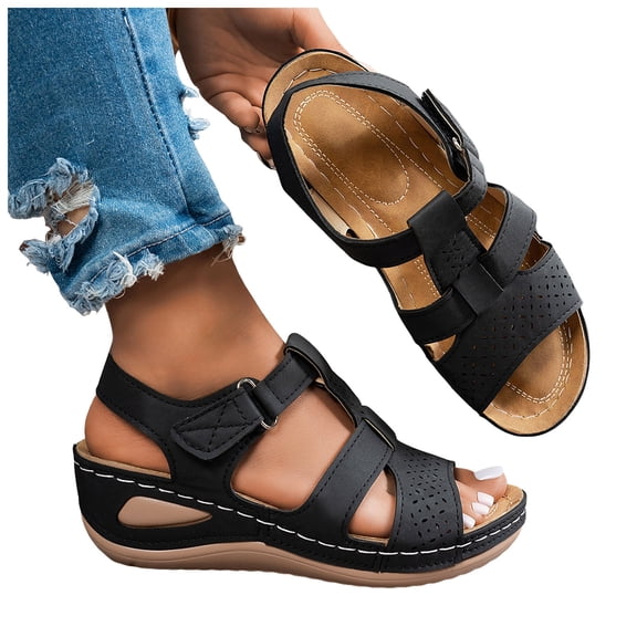 Rokment Womens Orthopedic Wedge Walking Sandals Comfortable Fashion Leather Arch Support Platform High Heels Gladiator Dress Sandals for Beach Summer Black Size 6