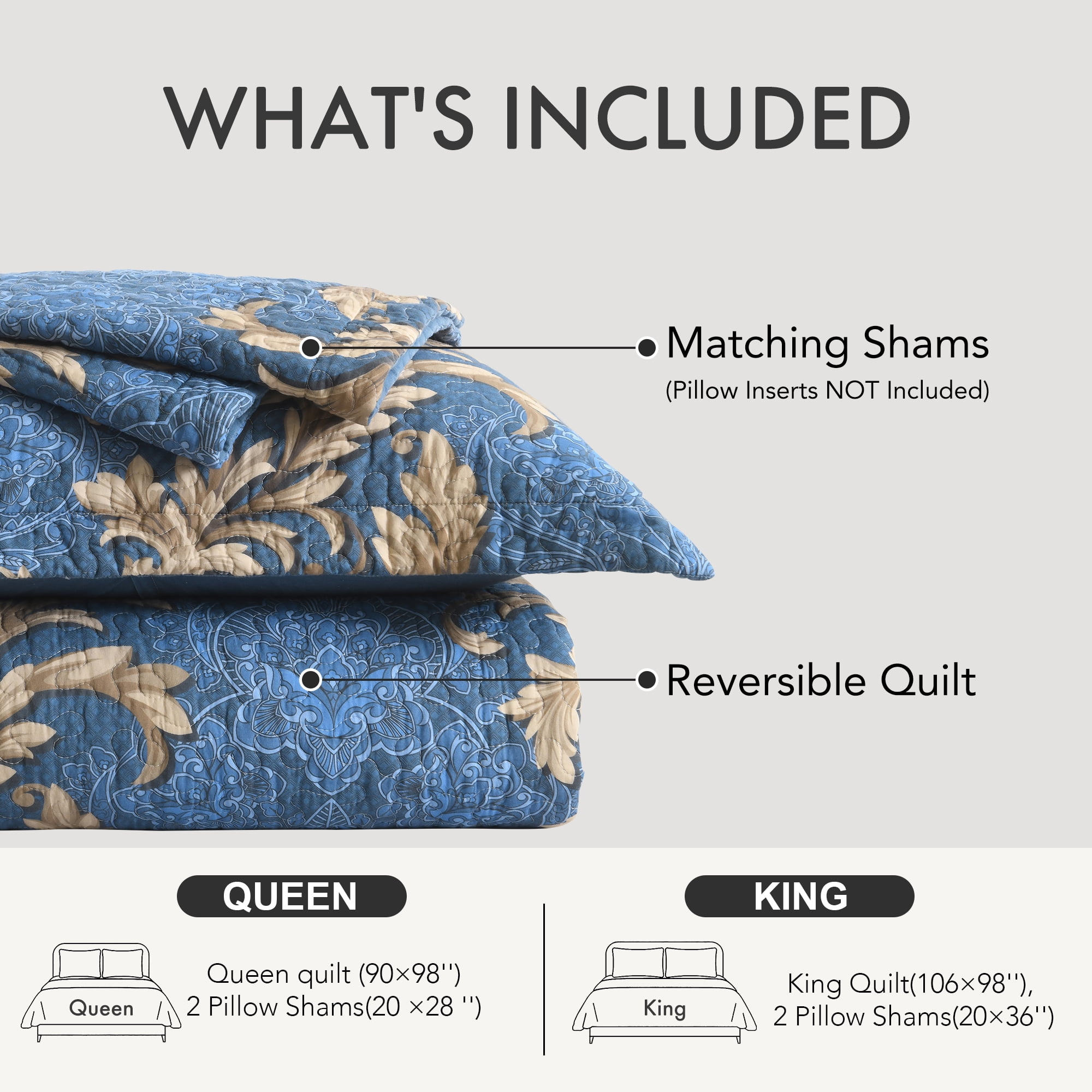 BCOTTOND Floral Quilt Set King Size - Reversible Dimensional Botanical Bedspread - 100% Cotton Pre-Washed Luxury Coverlet with 2 Pillow Shams(Bule/Brown)