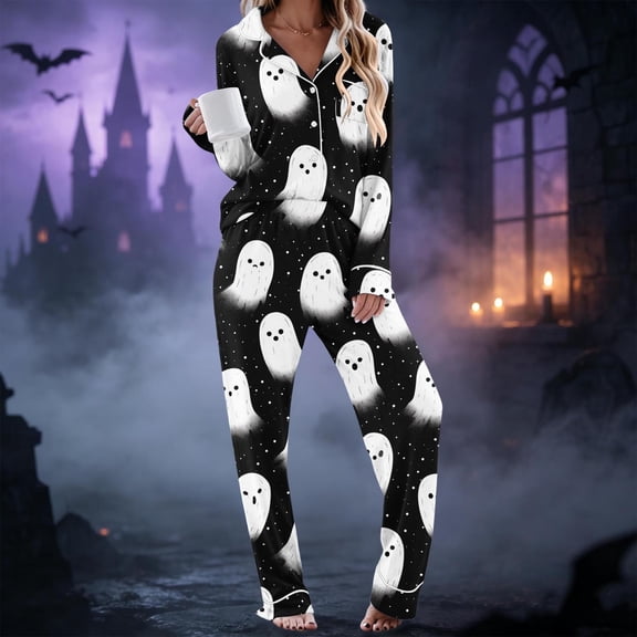 Gamivast Spooky Halloween Pajamas Set for Women Long Sleeve Button Down Sleepwear Tops and Lounge Pants 2 Piece Pjs Sets Lightweight Comfortable Creepy Pumpkin Pattern Multicolor L