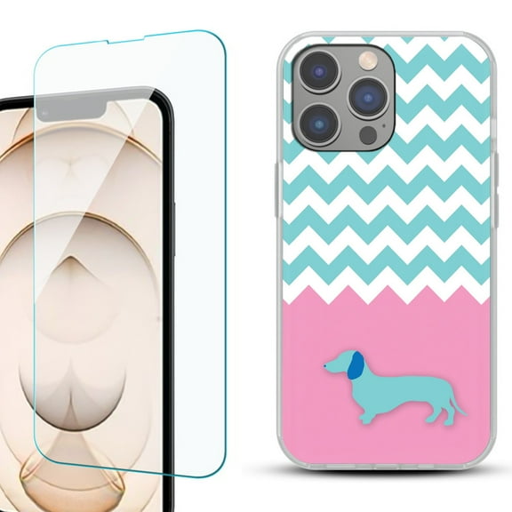 OneToughShield ® for iPhone 15 Pro Max Shockproof Fashion Phone Case, with Tempered Glass Screen Protector - Chevron/Dachshund/Puppy