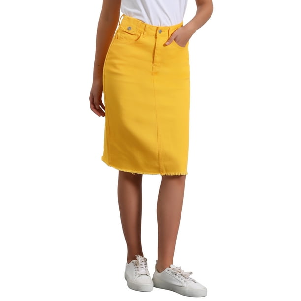 Faldas de mezclilla de cintura alta para mujer INSPIRE CHIC, con dobladillo sin terminar, a la altura de la rodilla, color amarillo jengibre, talla M