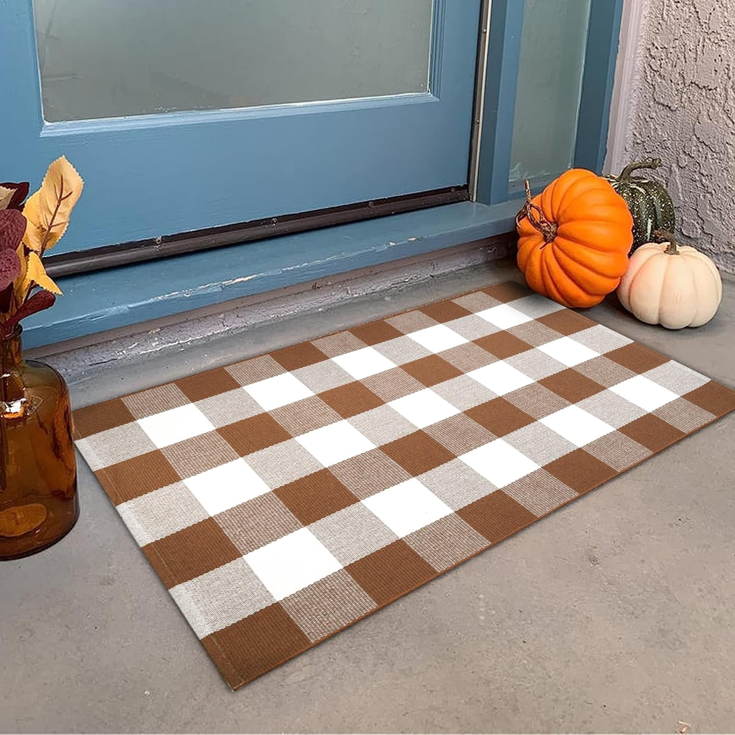 OMA Coffee and White Plaid Rug,28" x 43" Outdoor Front Porch Door Decor Mat, Washable Cotton Woven Farmhouse Area Rug for Layered Door Mats Carpet, Entryway, Easter Décor