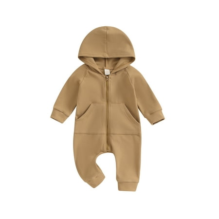 

Baby Girls Boys Solid Color Long Sleeve Zipper Closure Hooded Jumpsuit