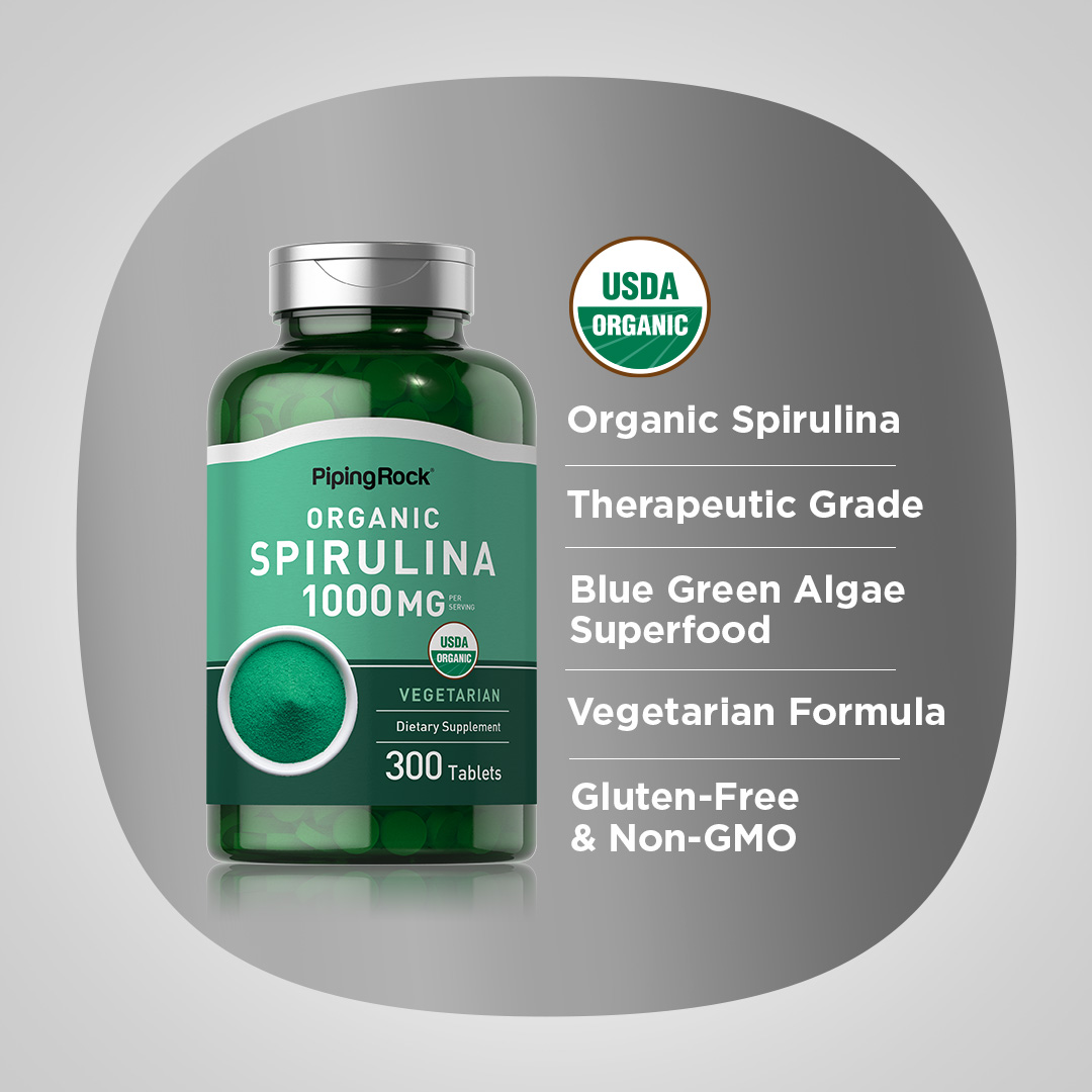Tabletas de espirulina orgánica | 1000 mg | 300 unidades | Suplemento para hombres y mujeres | de Piping Rock 4