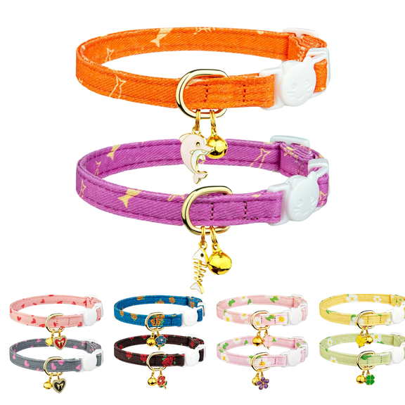 2 Pack Soft Polyester Cat Collar, Breakaway Safety Kitten Collar, Patterned Cute Cat Collar with Bell Charm, Multi Color Selection Safe Cat Collar Breakaway for Adult Cats Kittens-B