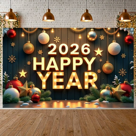 Gold Red Theme Happy New Year Banner Festive Holiday Backdrop Snowflake Decor Star Accents 2026 Happy Year Display for New Year Party Christmas Celebration Holiday Gathering