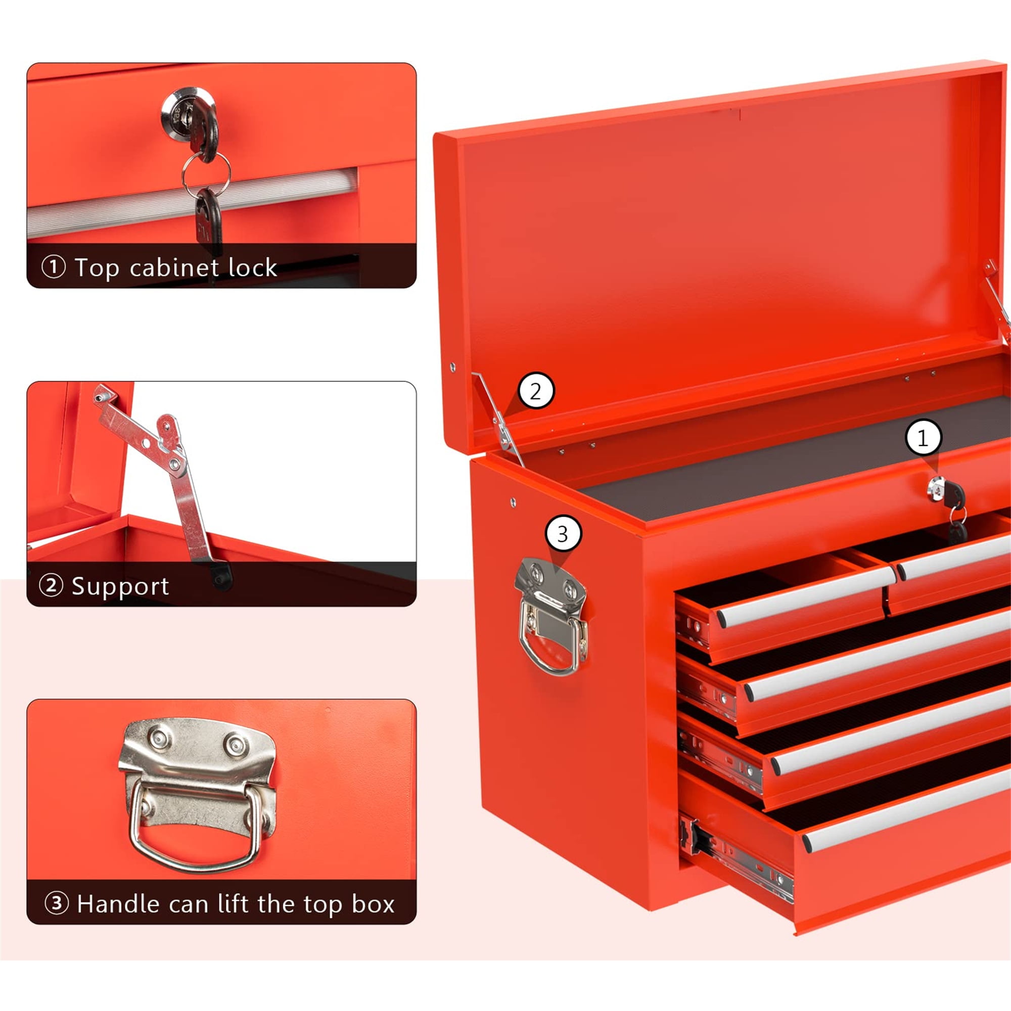 Aukfa Tool Box, 2 in 1 Steel Rolling Tool Chest & Cabinet On Wheels for Garage, 5-drawer, Red