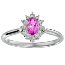 SuperJeweler 2/3 Carat Oval Shape Created Pink Sapphire and Halo Diamond Ring In Sterling Silver For Women