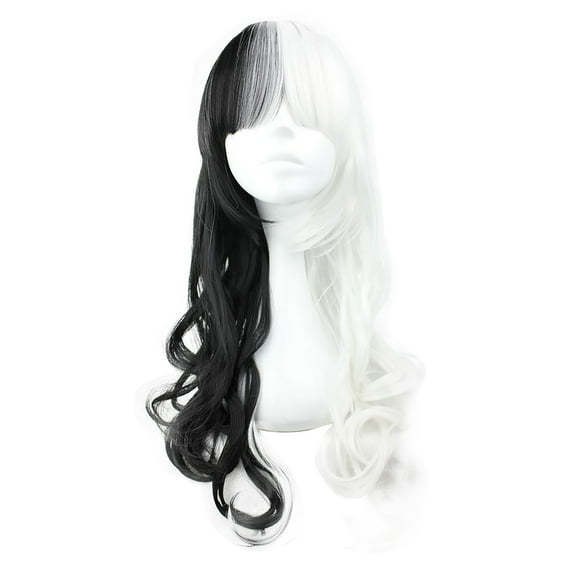 Unique Bargains Wigs for Women 24" Ponytail Black White Curly Wig with Wig Cap