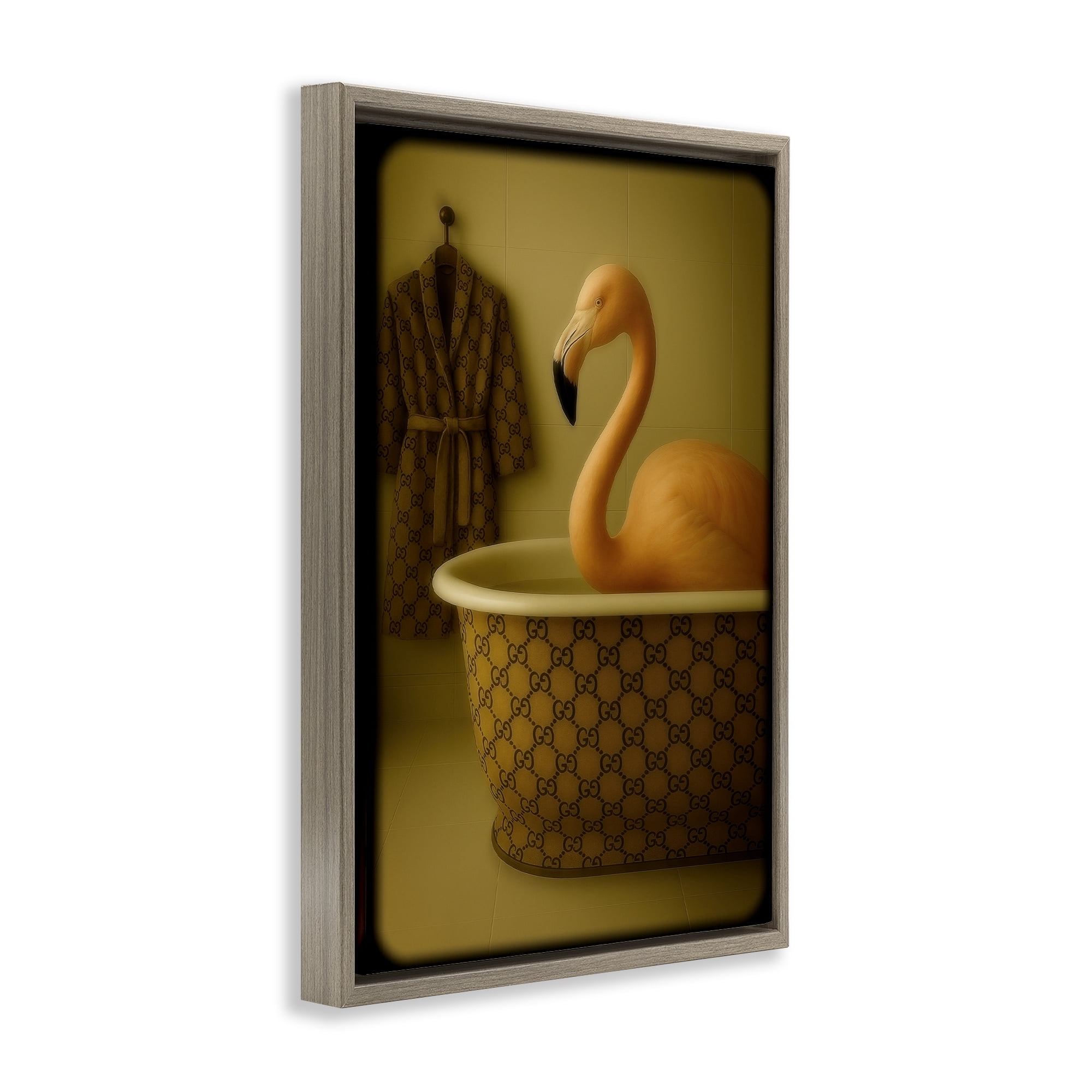 Stupell Industries Couture Flamingo in Luxury Tub Brown Framed Floater Canvas Wall Art, design by Grotto Studios