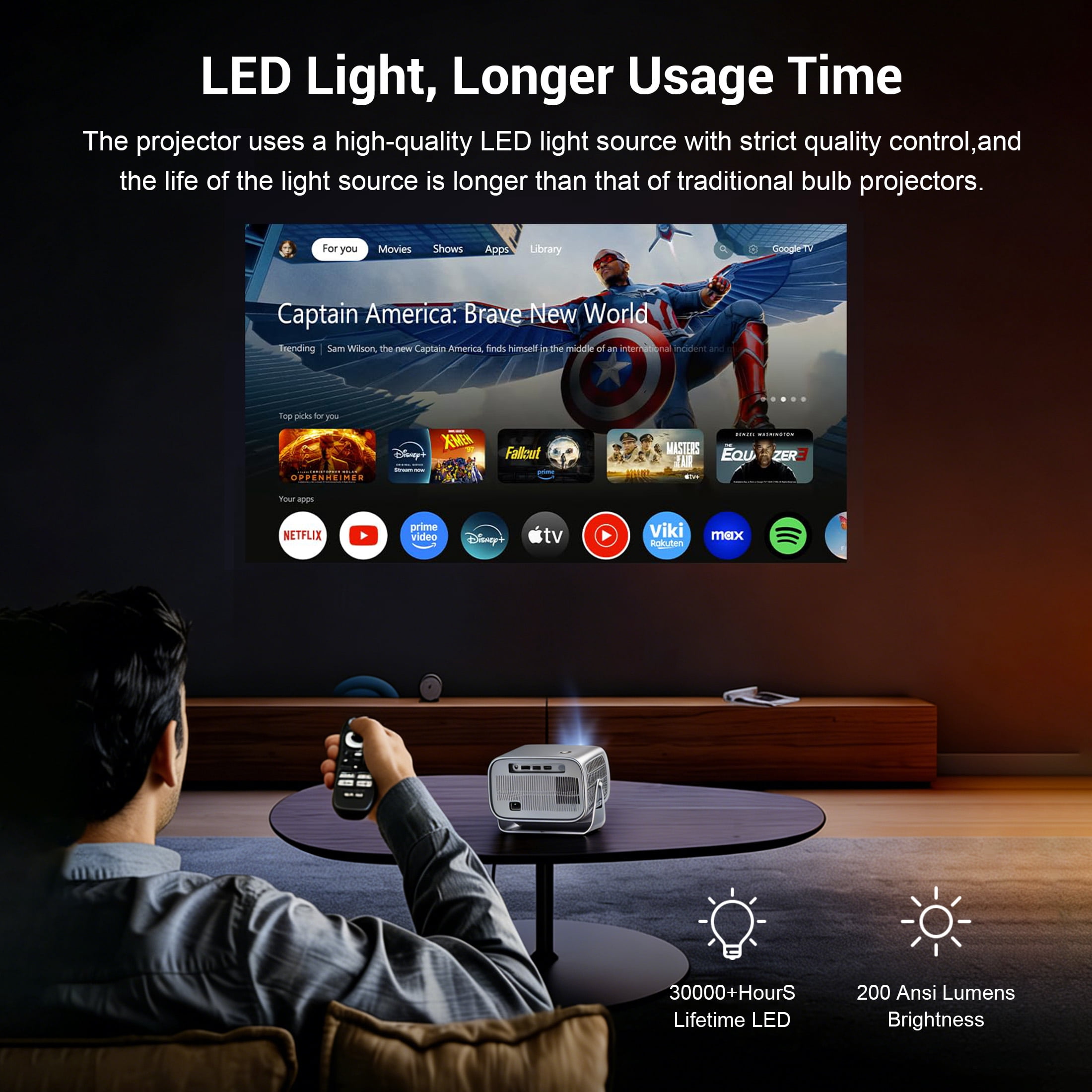 BDQ Projector with WiFi and Bluetooth, Telecontrol focus& Auto Keystone, 1080P HD 4K Support, Smart Projector with Built-in Streaming Apps, Portable Projector for Outdoor & Home Movie