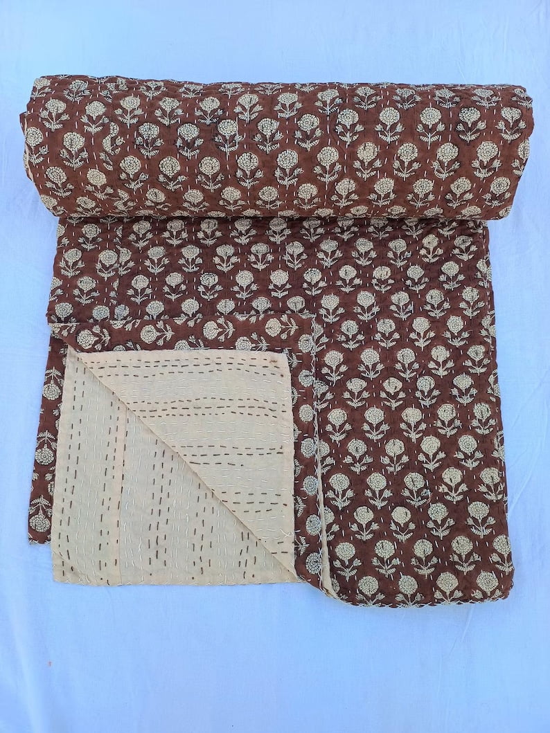 A And E Textiles House Brown Indian Block Print Kantha Quilt - Handmade, Cozy Throw Blanket