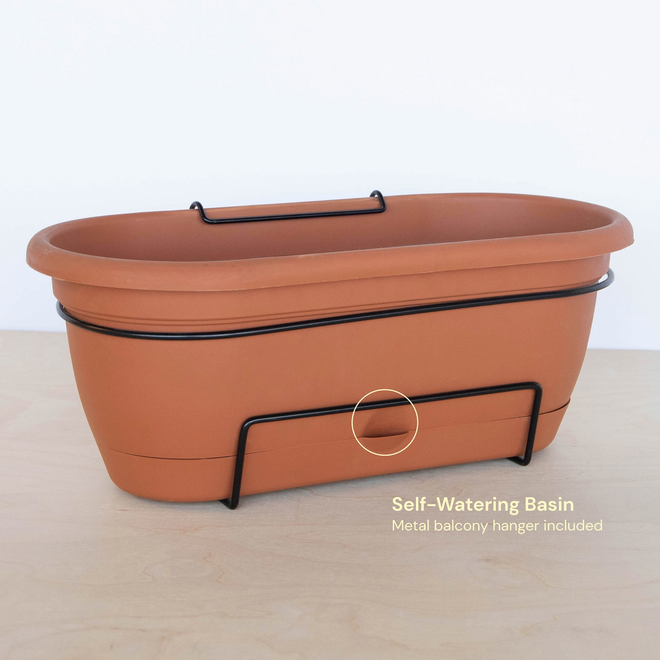 Bloem Lucca 18" Plastic Self-Watering Balcony Box Planter with Metal Hanger Mount for Railings, Terra Cotta