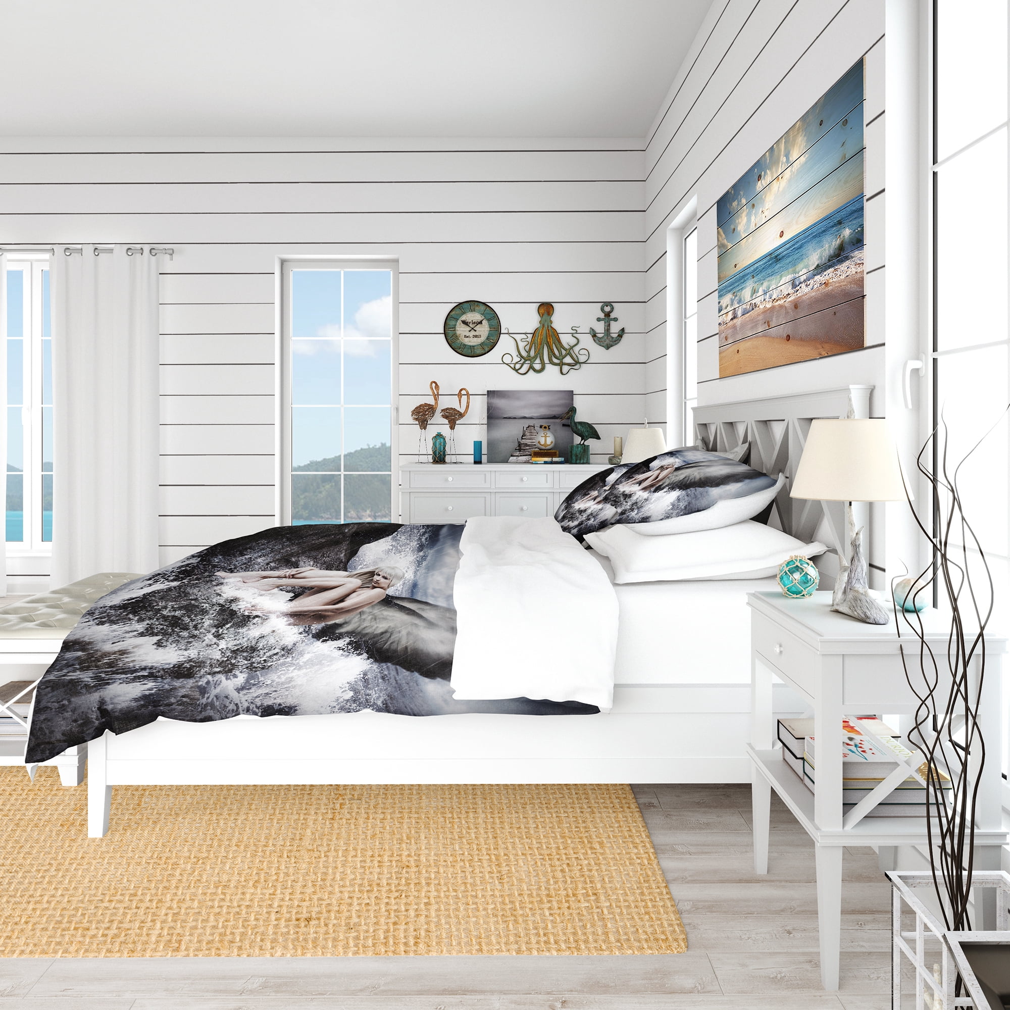 Designart 'Angel Resting By Crashing Waves' Nautical & Coastal Duvet Cover Set