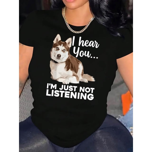 Camisetas de verano para mujer, con estampado, lindo, holgadas, atléticas, de manga corta, casual, 2025Women'S Casual Crew Neck T-Shirt with Husky Print, Fashionable Short Sleeve Top, Medium Stretch