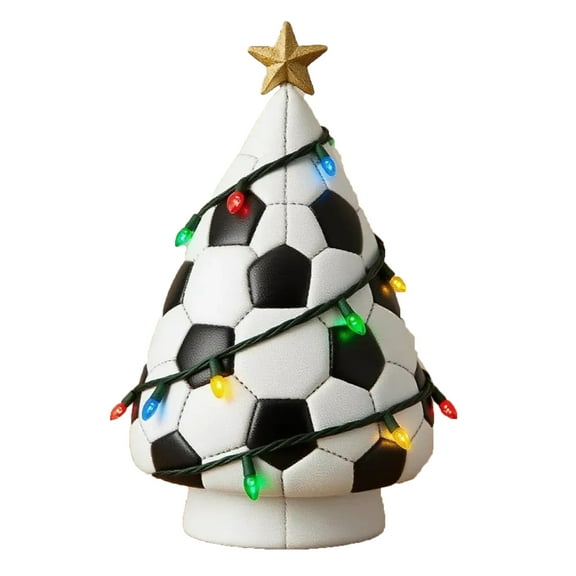 YFTDEF Football Shaped Christmas Tree, Sports Themed Holiday Decor with Colorful Lights and Gold Star, Novelty Decor for Game Room, Office Desk, Unique Gift for Sports Fans