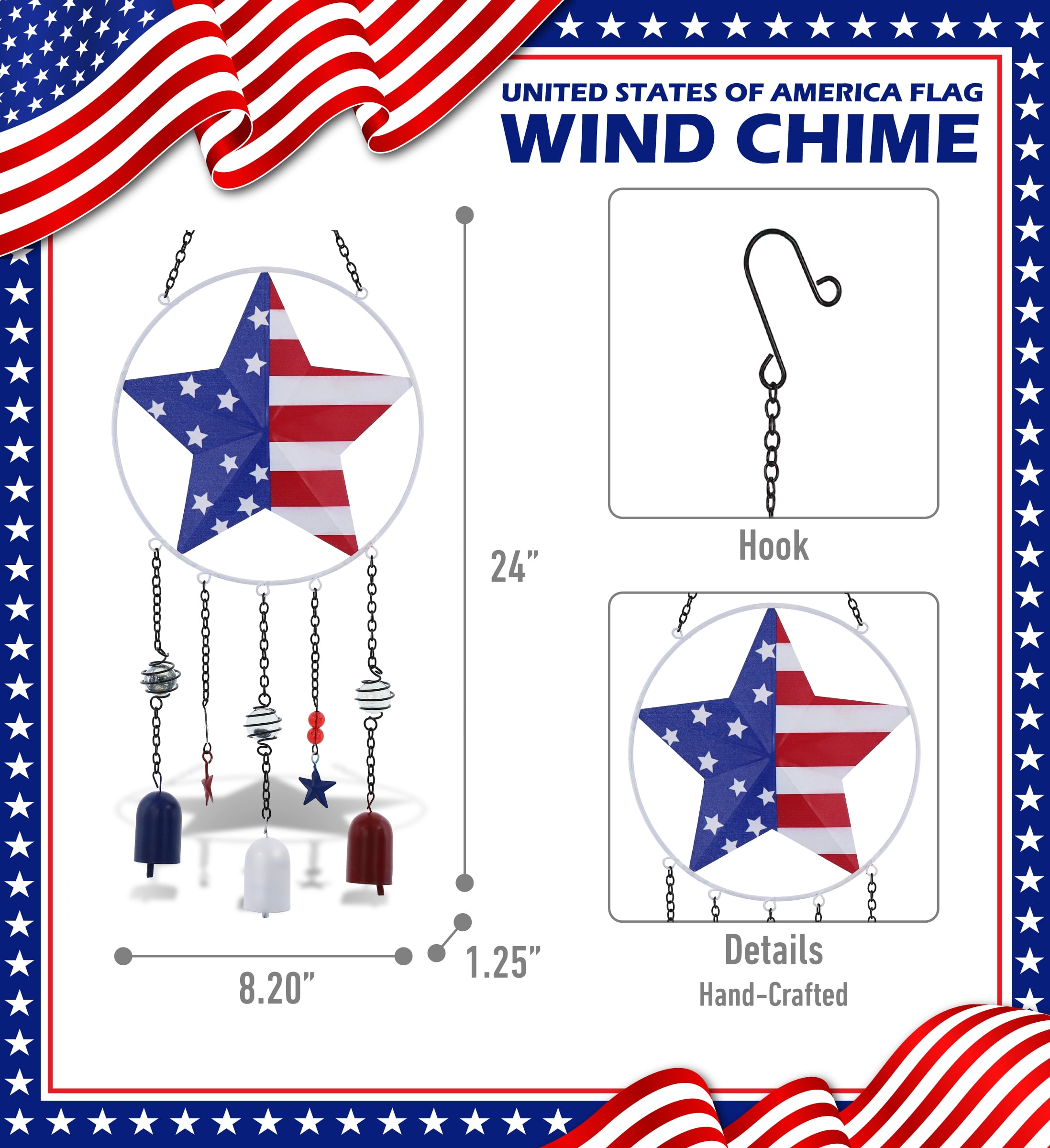 CoTa Global USA Flag Star Wind Chime - American Flag Patriotic Indoor or Outdoor Windchime Home Decor with Hanging Bells, Handcrafted Glass and Metal Wind Chimes for Yard, Garden, Porch - 24 Inch