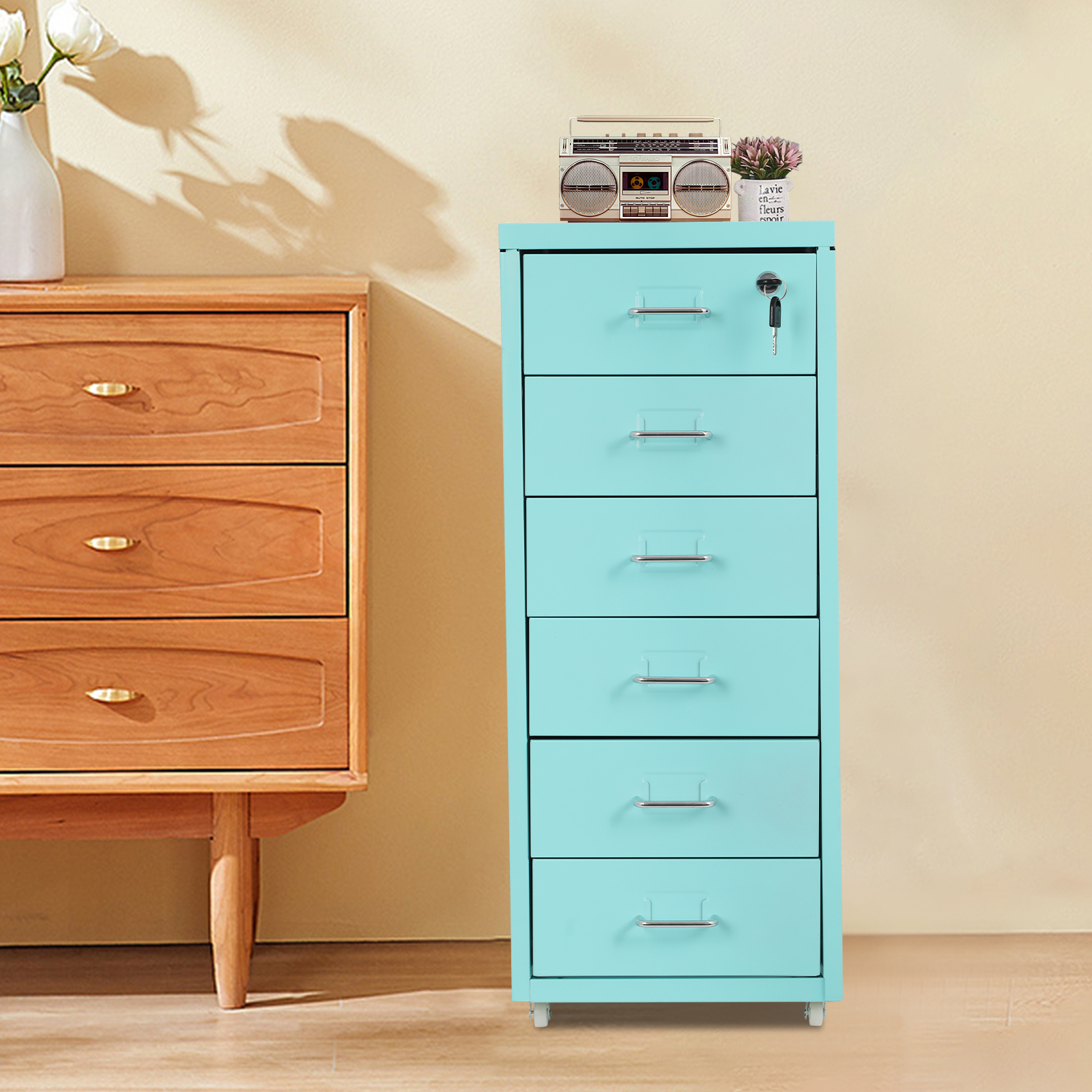 1 PCS  Rectangular Filing Cabinet with Wheels 6 Tiers Vertical File Cabinet, Drawer Type Blue Color Metal File Cabinet with Lock, used in Home, Office, Store, Shop