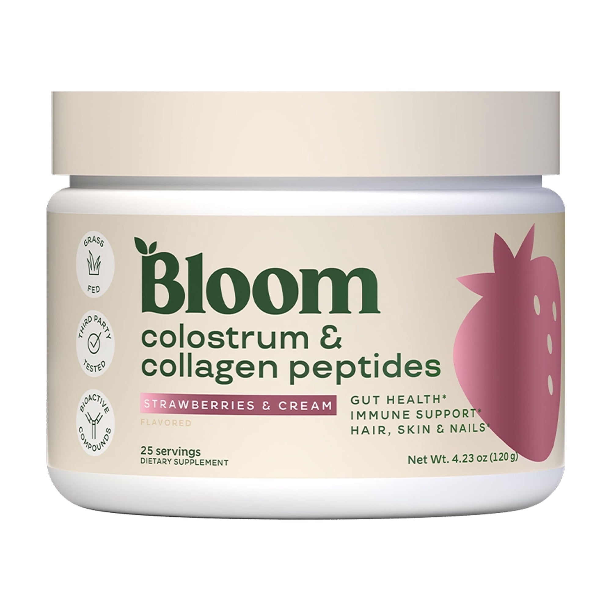 Bloom Nutrition Colostrum & Collagen Peptides Powder, Strawberries & Cream, 25 Servings
