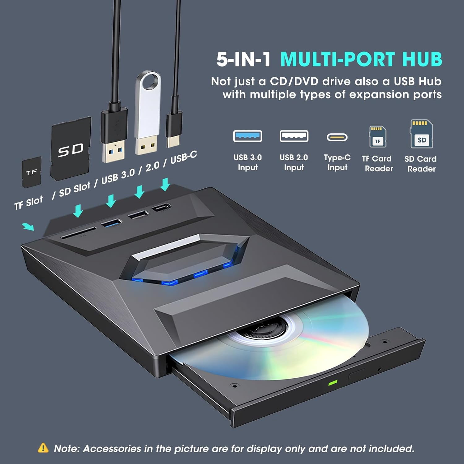 7-in-1 External Blu-ray Drive USB 3.0 & Type-C, Portable BD/DVD/CD Burner with 3-Port USB Hub & SD/TF Card Reader, 6X Optical Drive for Laptop & Desktop(RL Black 1 PC)