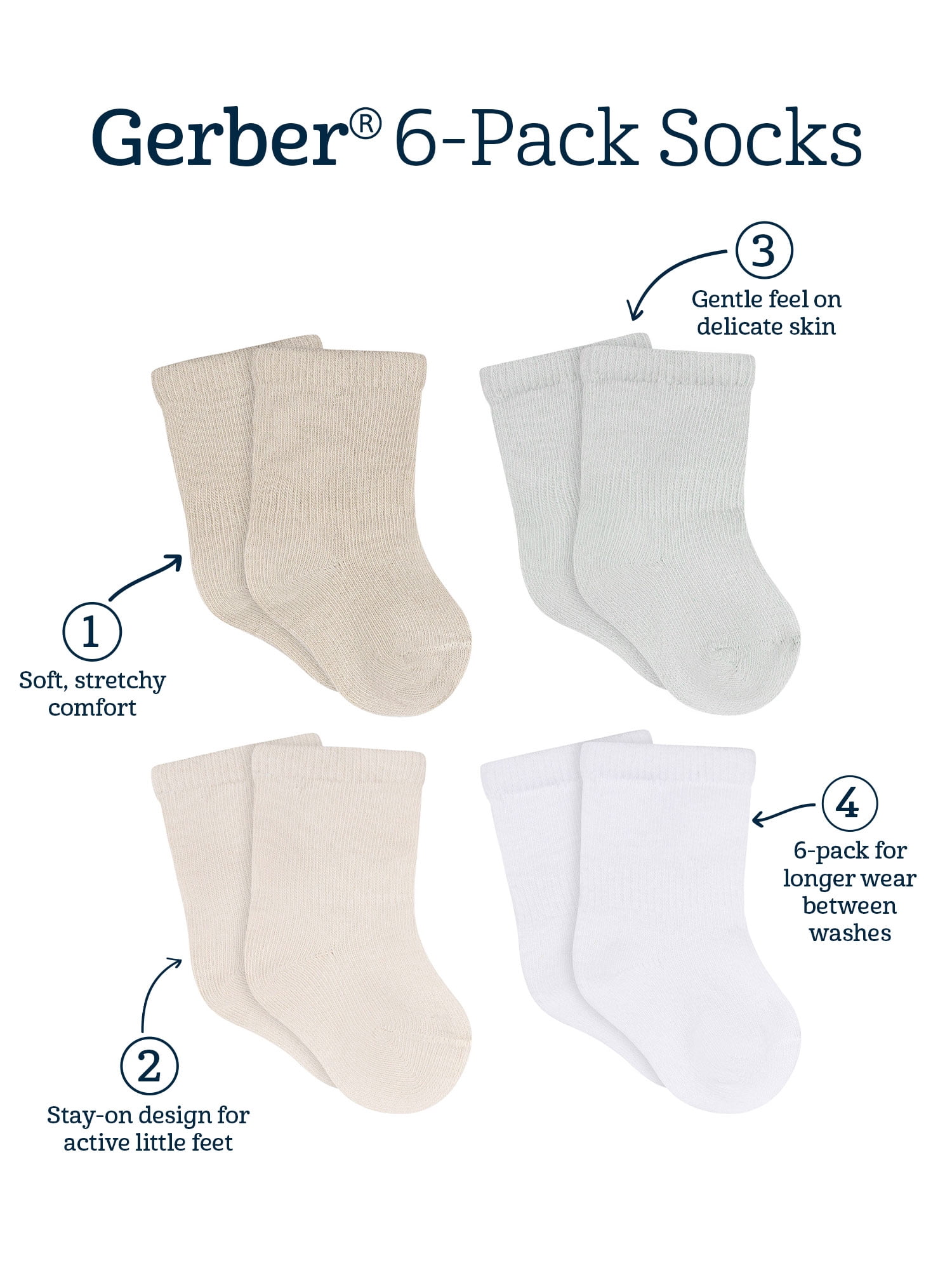 Gerber Baby Neutral Wiggle Proof Jersey Crew Socks, 4-Pack, Sizes 0/6 Months - 6/12 Months
