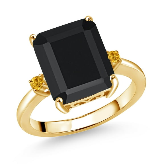 Gem Stone King 18K Yellow Gold Plated Silver 12X10MM Black Onyx and 2MM Yellow Created Sapphire 3 Stone Engagement Ring for Women | 5.87 Cttw | Gemstone December Birthstone | Size 6