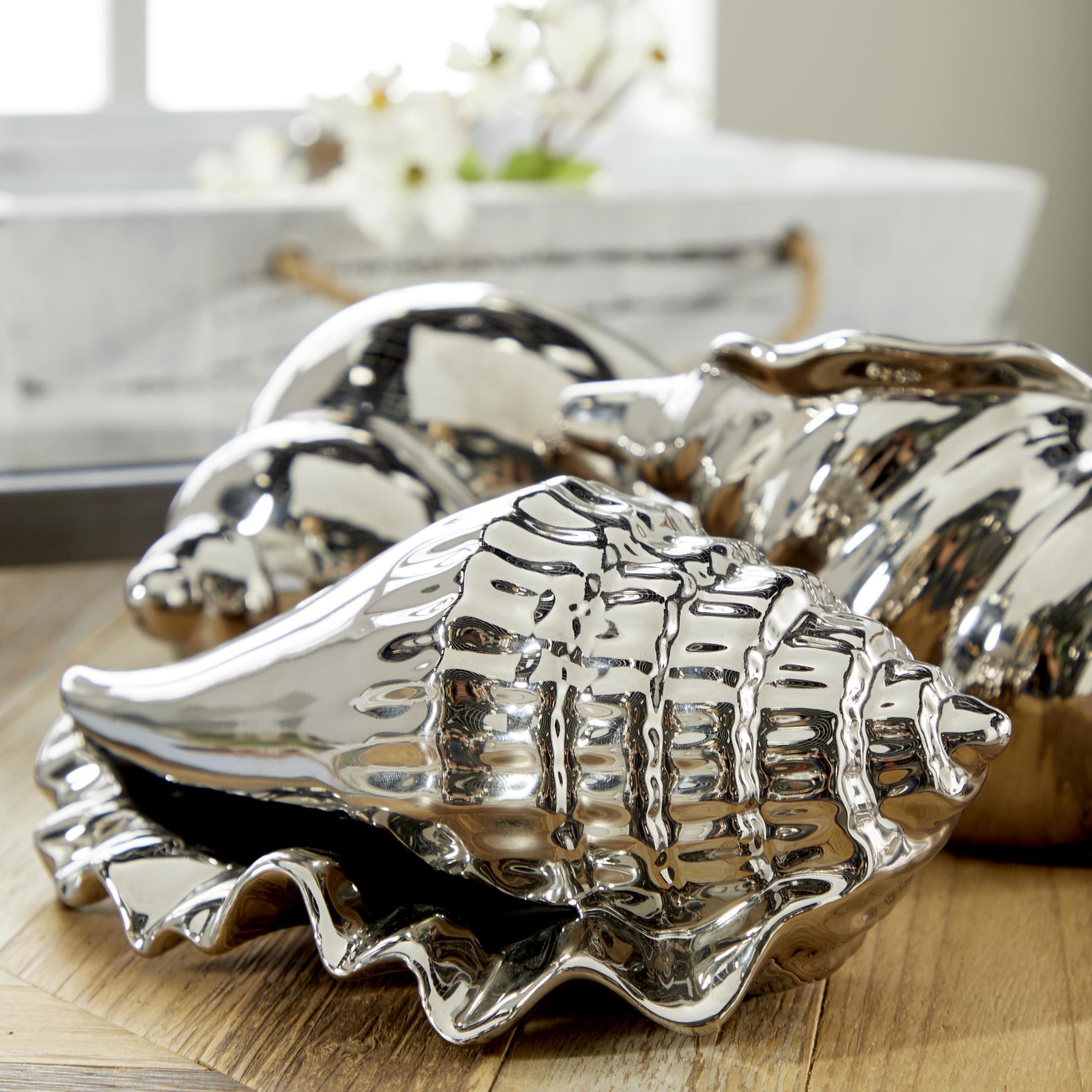 7", 7", 5"W Silver Ceramic Shell Shell Sculpture, by DecMode (3 Count)