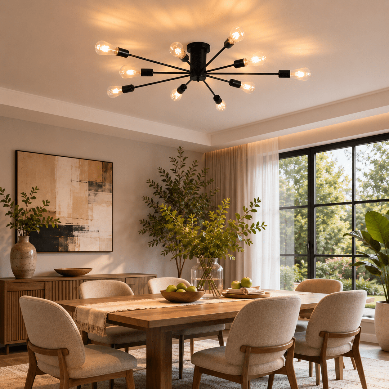 Garwarm 10-Light Black Sputnik Chandelier, Modern Semi Flush Mount Ceiling Light, Industrial Ceiling Lighting Fixture for Dining Room, Living Room, Bedroom, Kitchen, Foyer