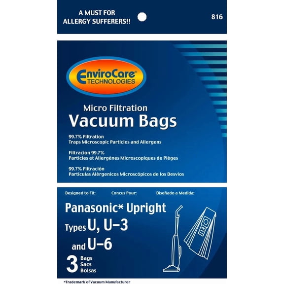 Envirocare Vacuum Cleaner Dust Bags Fit Panasonic Types 3, U-6 3 Pack
