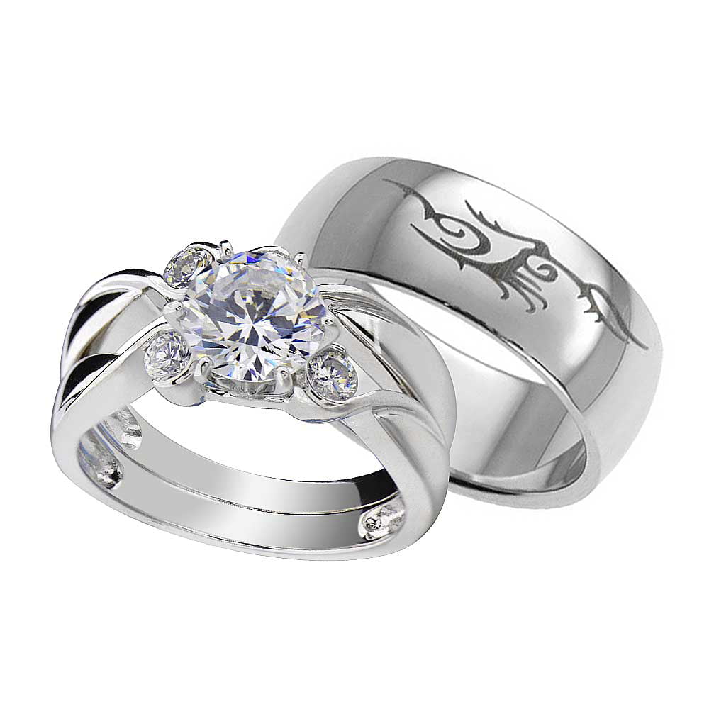 His and Hers 925 Sterling Silver 14k White Gold Engagement Wedding Ring Band Set 
