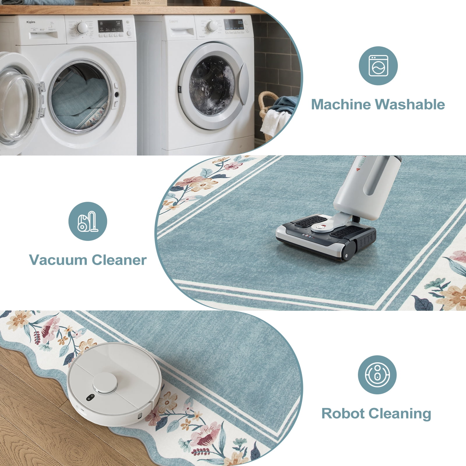Lahome 2'x3' Boho Floral Washable Small Rug,Ultra-Thin Scalloped Rug, Non-Slip & Stain Resistant,Soft Low-Pile Mat for Kitchen, Bathroom, Bedroom Front Door Indoor Entrance (2x3ft,Blue)