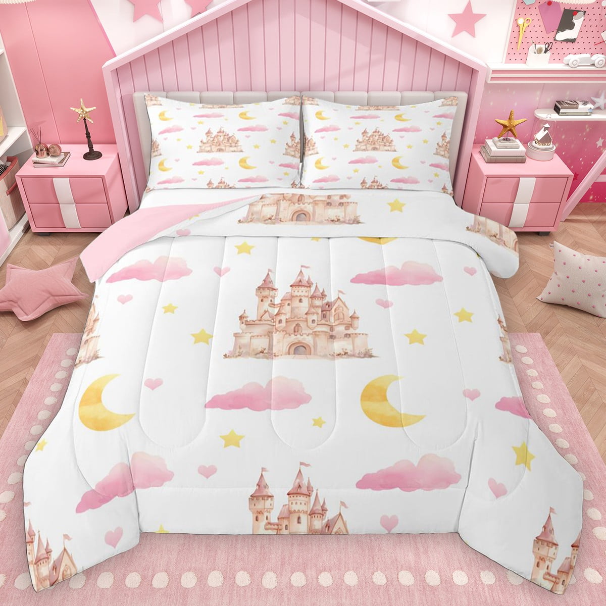 Homewish Pink Castle Bedding Comforter Set 2pcs for Teens Adults Female Dreamy Princess Twin Comforter Sets Microfiber Stars Print Breathable Bedding Set Super Cozy Room Decor Reversible