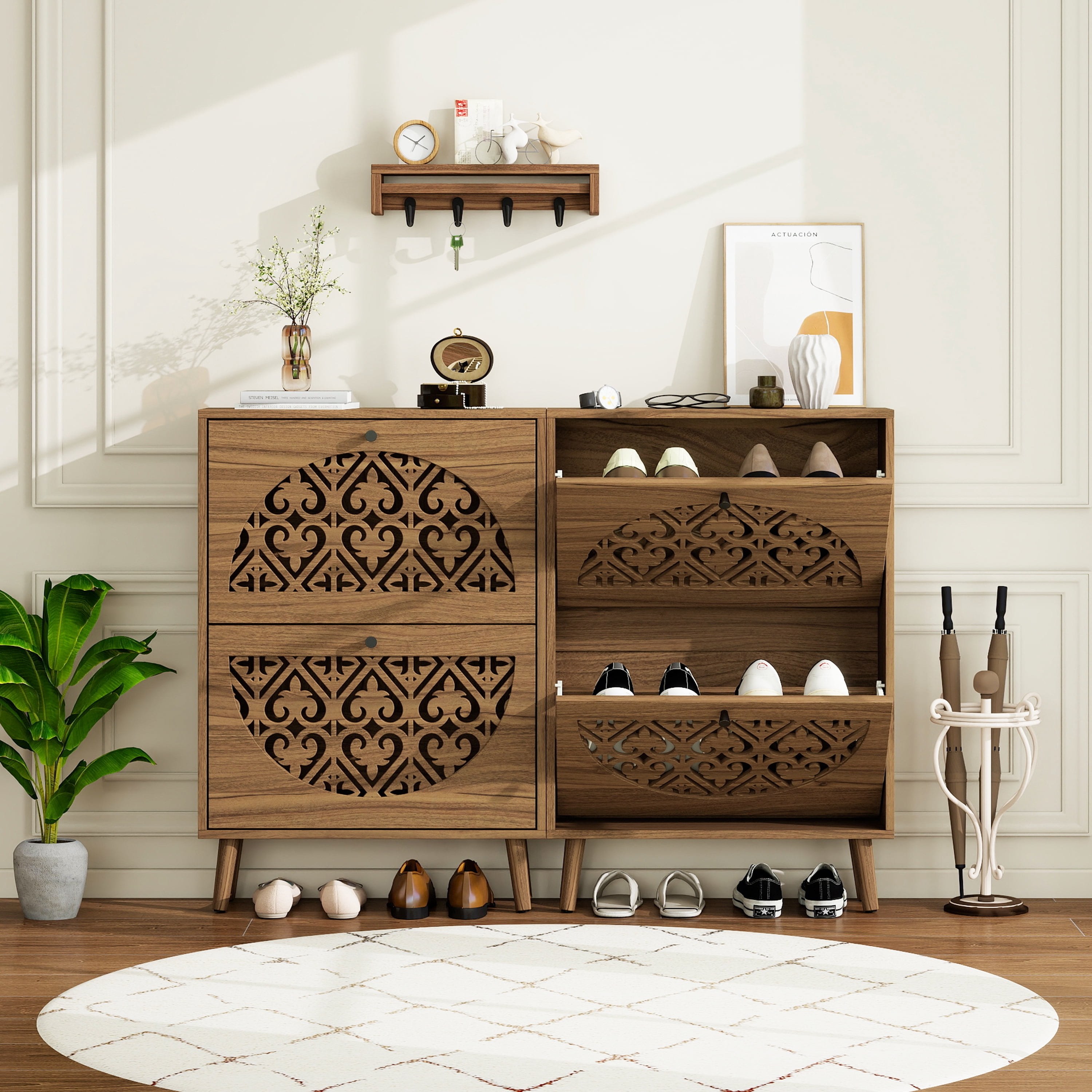 Japandi Narrow Shoe Cabinet with 2 Flip Drawers and Carved Floral Pattern, Wooden Shoe Storage Organizer for Entryway and Hallway, Walnut Brown