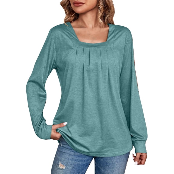 Womens Tops Long Sleeve Square Neck Pleated Puffy Sleeve Top Loose Casual Solid Color T Shirt Blouses For Women