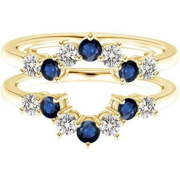Wedding Engagement Enhancer Wrap Guard Ring Women Round Cut Blue Sapphire and White Diamond 925 Sterling Silver 14K Yellow Gold Finish