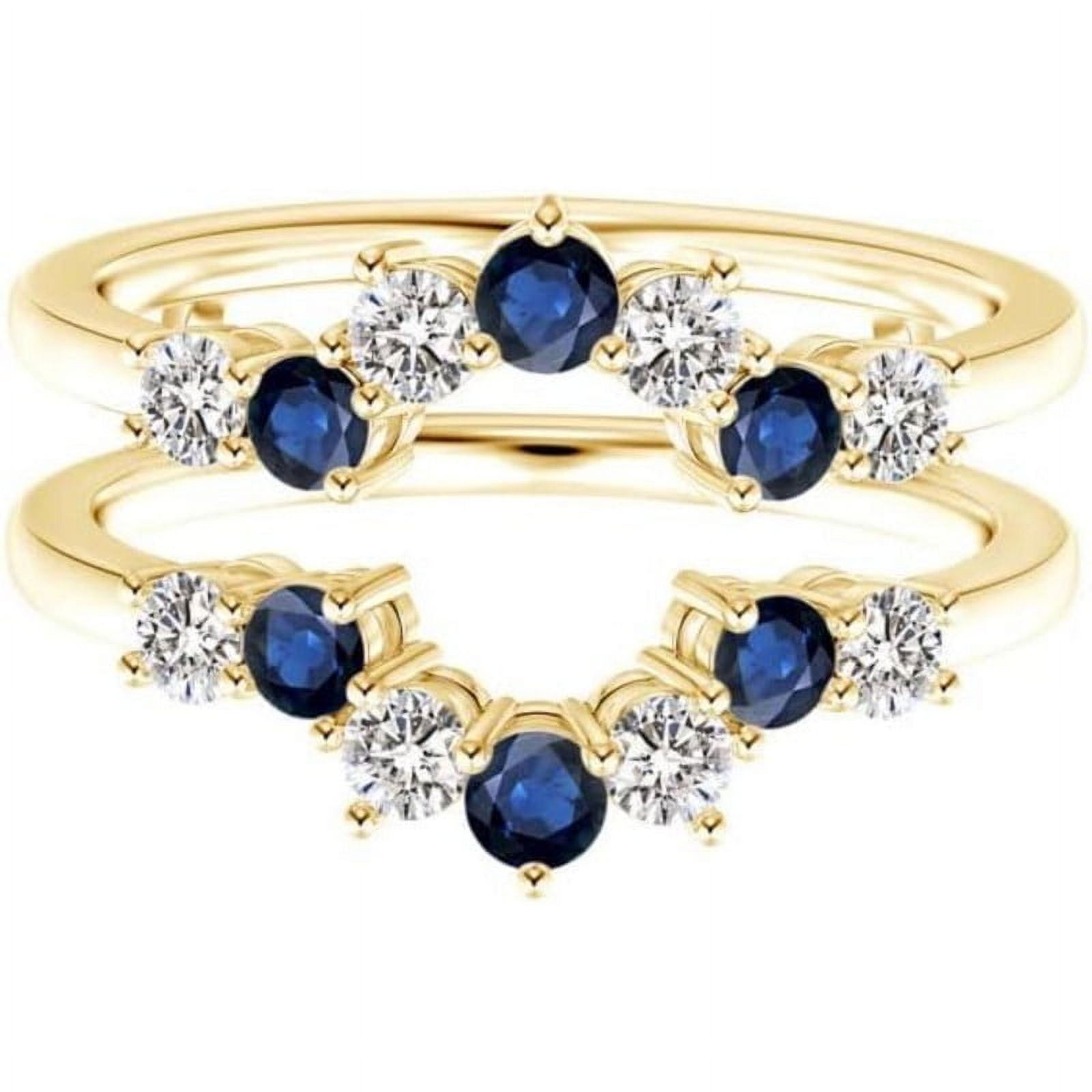 Wedding Engagement Enhancer Wrap Guard Ring Women Round Cut Blue Sapphire and White Diamond 925 Sterling Silver 14K Yellow Gold Finish