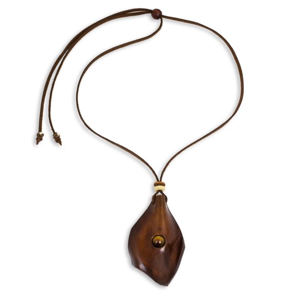 NOVICA Artisan Handmade Men's Tigers Eye Leather Necklace Wood Pendant Brown Thailand Iced Coffee [35 in L 3 mm W Pendant(s) 2.8 in L x 1.9 in W] ' Thai Cowboy'
