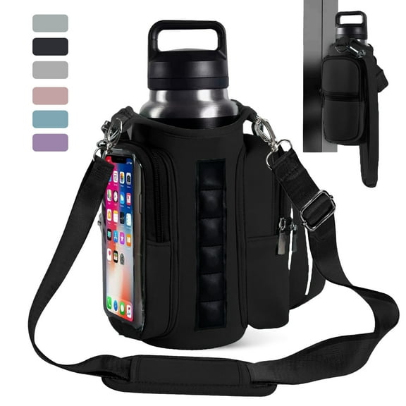 Lomyolo Magnetic Gym Bag Water Bottle Holder–Neoprene Carrier Sleeve with 6 Built-in Magnets & Phone Pockets | Adjustable Strap Gym Accessories Organizer for Fitness,Outdoor,Hiking Men Women-Black