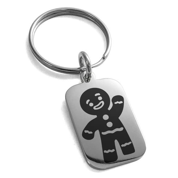 Stainless Steel Gingerbread Man Engraved Small Rectangle Dog Tag Charm Keychain Keyring