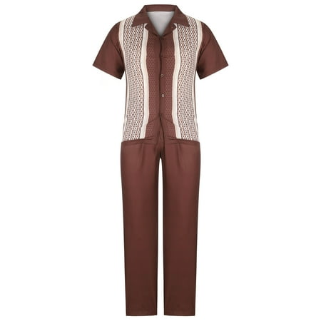 

Men s Casual Pajamas Set Plaid Print Button Down Lapel Short Sleeve Shirt and Trouser Suit Blouse Tops & Pjs Pants