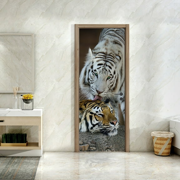 3D Tiger Pattern Self-Adhesive Door Wall Mural - Waterproof Removable Wallpaper Sticker for Home Decoration,SP-F780,S(38.5x200cmx2Pcs)