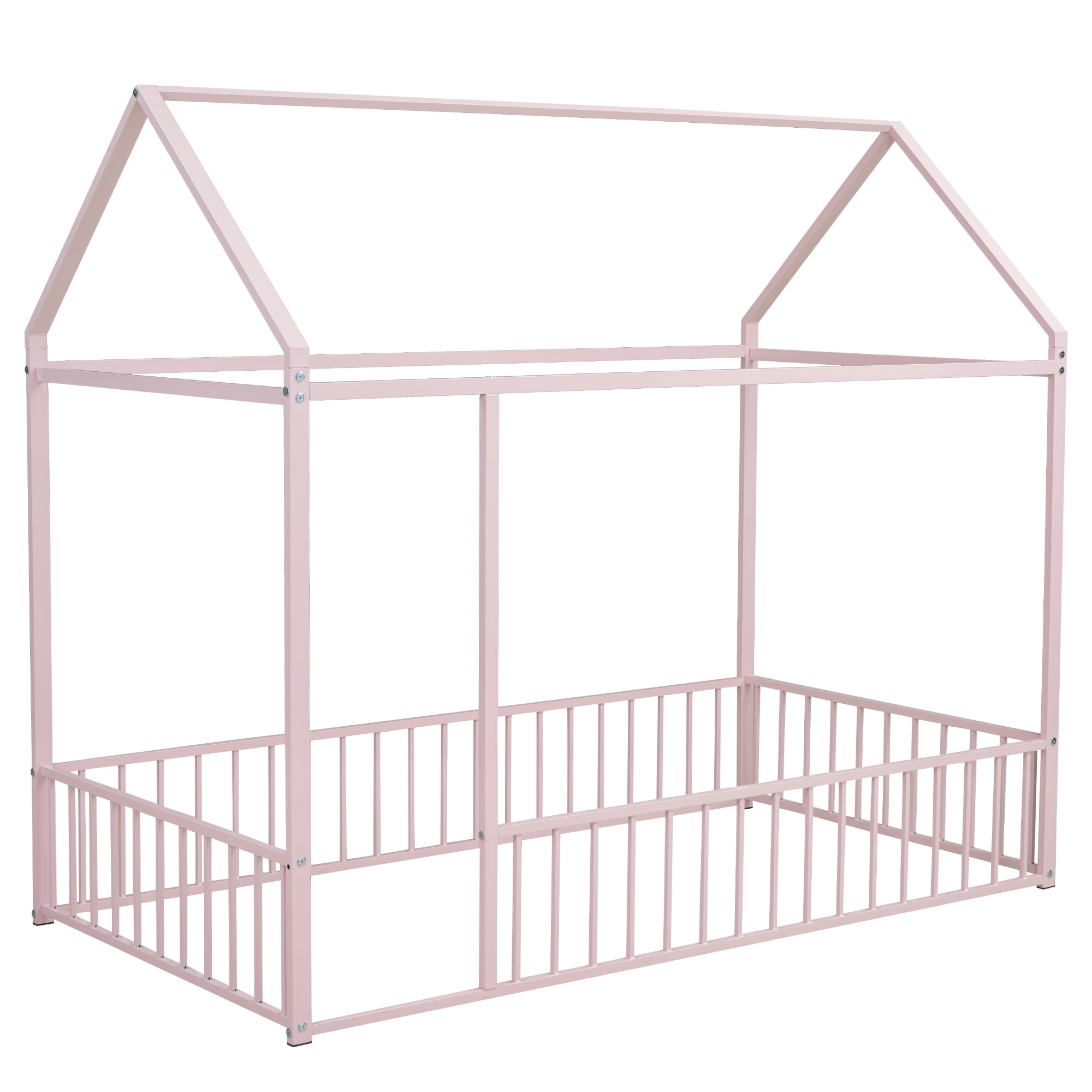 DEALTOPS Twin Size Metal House Bed with Fence, Montessori Floor Bed Frame for Kids, Pink