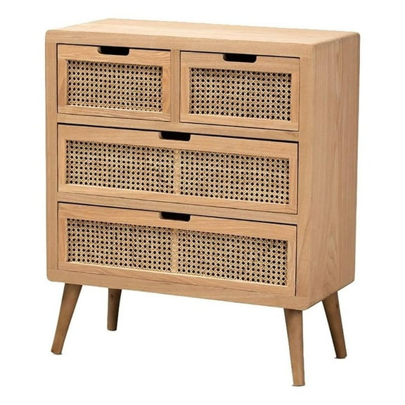 Bowery Hill Mid-Century 4-Drawer Wood/Rattan Accent Chest in Medium Oak
