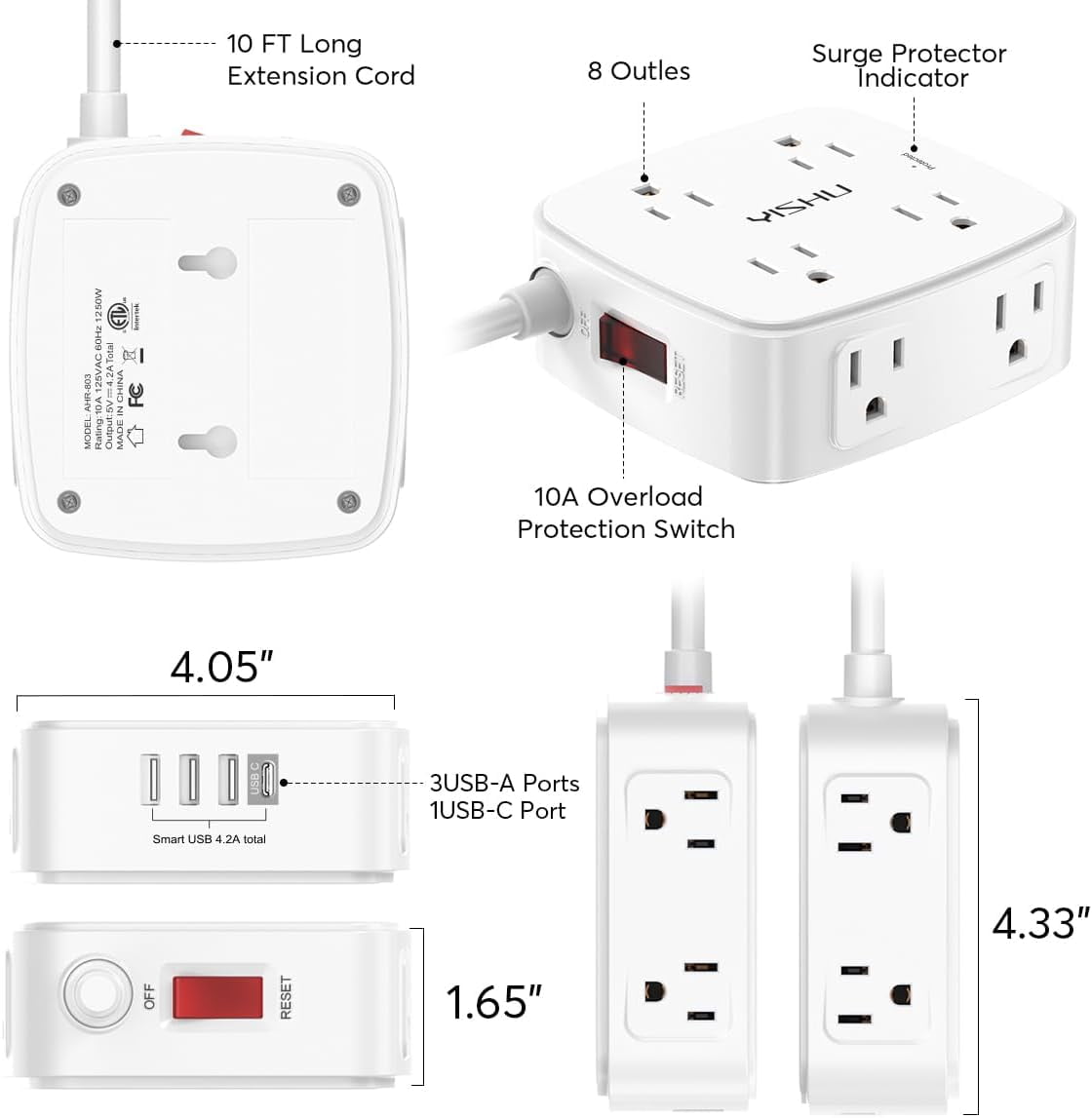 10 Ft Surge Protector Power Strip - General 3 Side Outlet Extender with 8 Widely AC Outlets and 4 USB Ports, 10 Feet Extension Cord with Flat Plug, Wall Mount Desk USB Charging Station, ETL,White