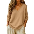 thumbnail image 2 of Basic Sweaters Women Fall Long Sleeve V Neck Tops Casual Lightweight Knit Warm Pullover Sweater Camel XL, 2 of 8