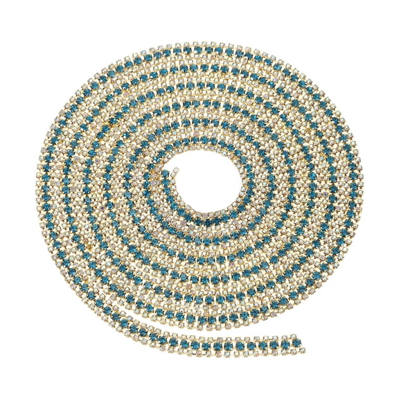 Uxcell 2 Yards 3 Rows Crystal Rhinestone Close Chain Trim, Claw Cup Chain with Gold Base for DIY Craft, AB Color/Blue/AB Color