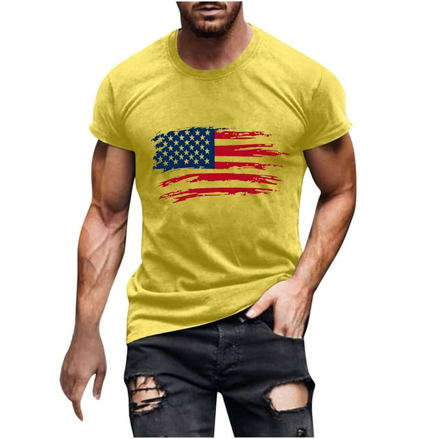 Mens Casual Manga Corta Botón Abajo Camisetas Estados Unidos Bandera Impresión Cuello Redondo Suéter Camiseta, Poliéster Casual Uso Diario para Hombres