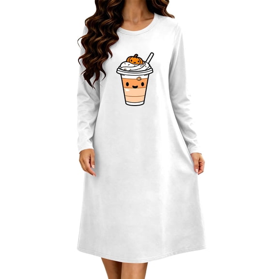 Edvintorg Pajama Dress for Women Long Sleeve Crew Neck Casual Nightgown Halloween Printed Sleep Dress Plus Size Women's Clothes White S