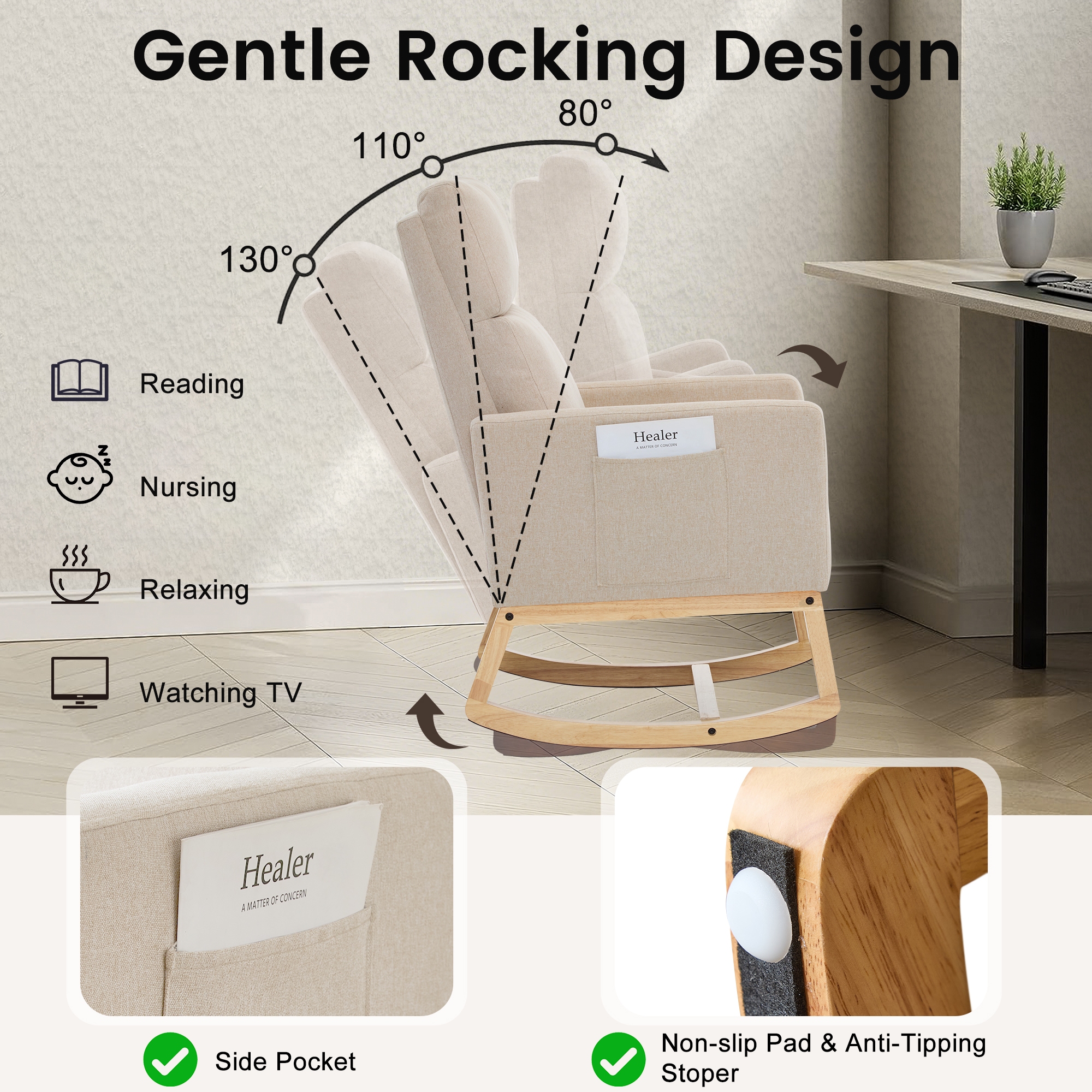 SAETSFEG Rocking Chair Nursery, Comfortable Upholstered Glider Rocker Chairs Indoor for Adults, Mid-Century Modern Nursing Accent Rockers for Living Room, Bedroom, Beige
